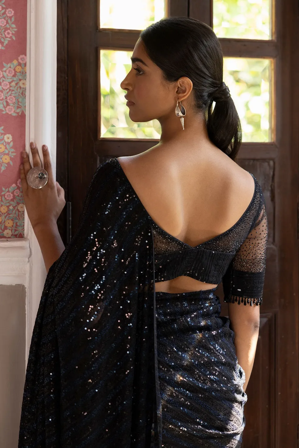 90Z270-RO Black Sequined Embroidered Sari with Blouse