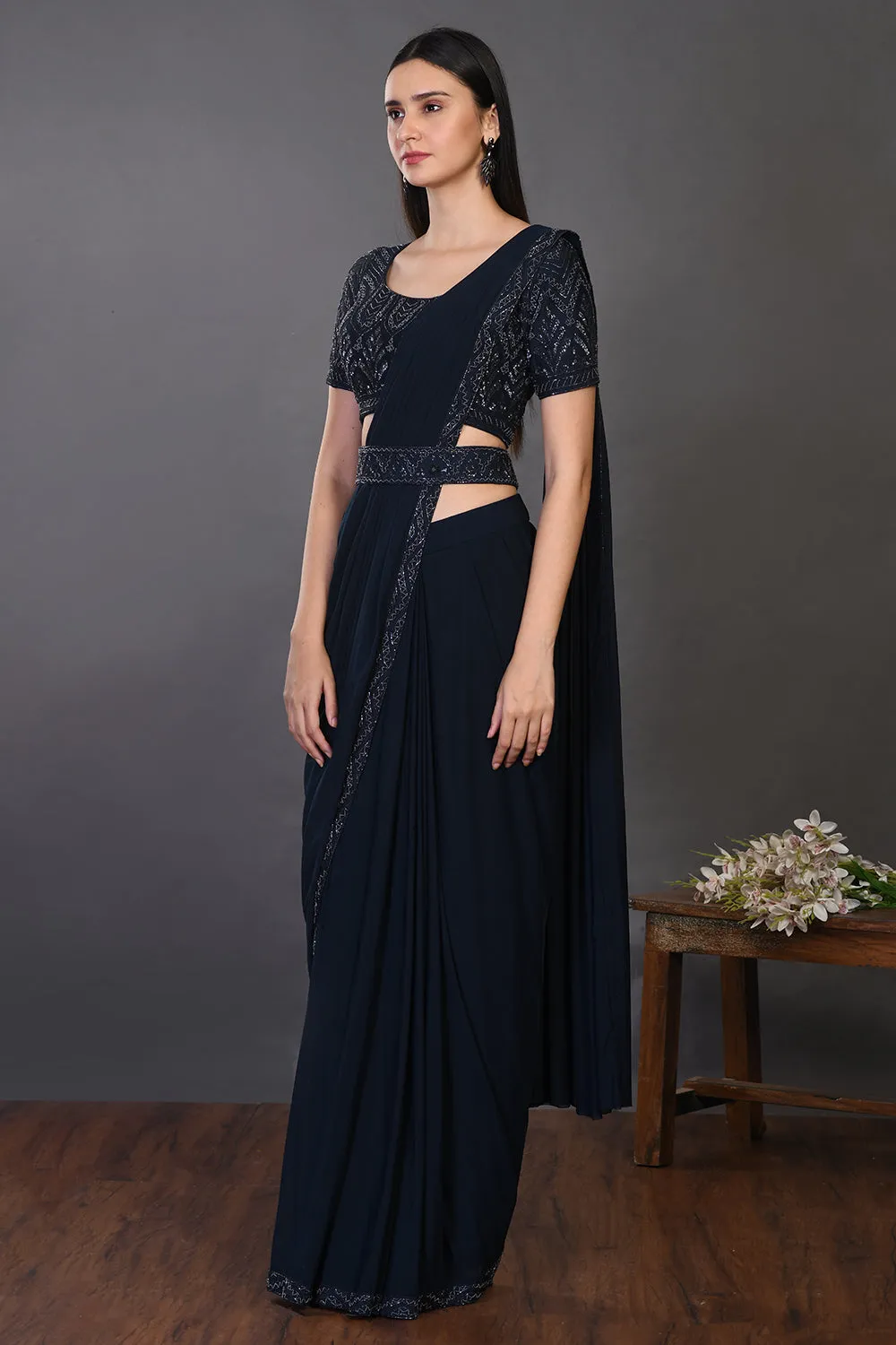 90Z934-RO Navy Blue Darpe Saree With Stylish Blouse