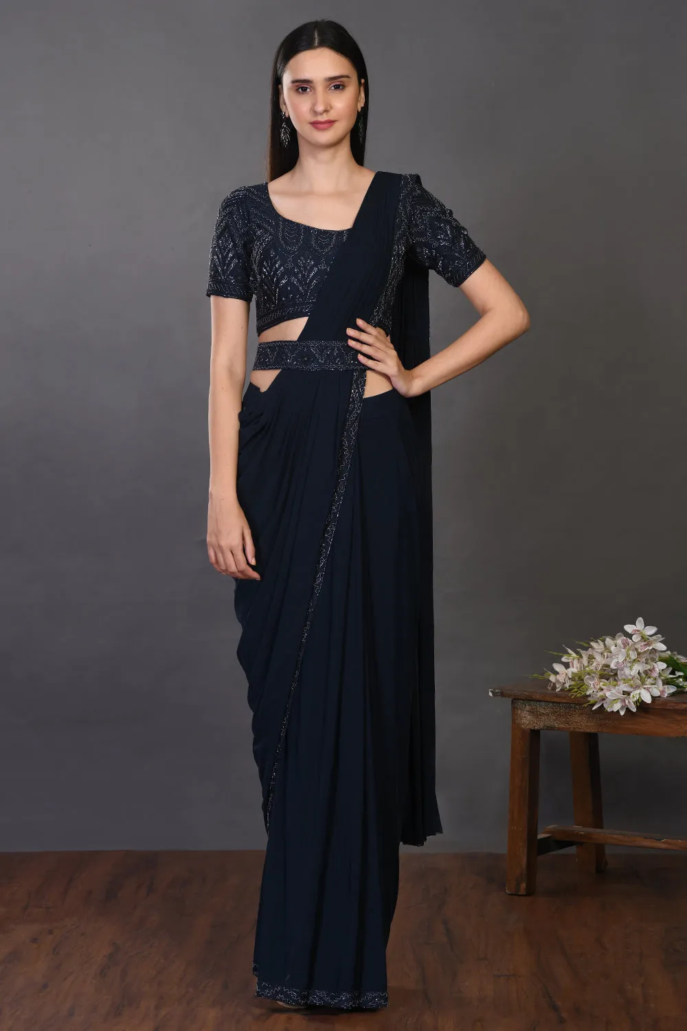 90Z934-RO Navy Blue Darpe Saree With Stylish Blouse