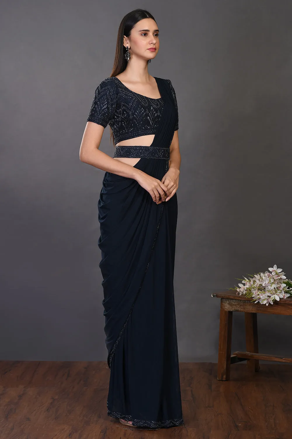 90Z934-RO Navy Blue Darpe Saree With Stylish Blouse