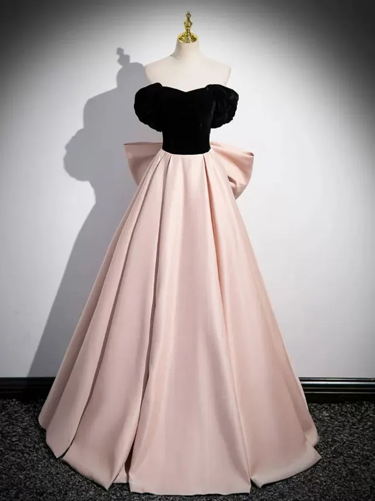 A-Line Sweetheart Neck Off Shoulder Satin Velvet Champagne Long Prom Dresses