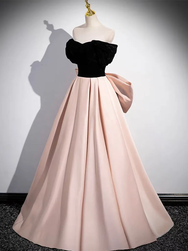 A-Line Sweetheart Neck Off Shoulder Satin Velvet Champagne Long Prom Dresses