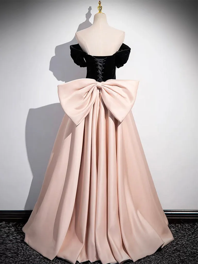 A-Line Sweetheart Neck Off Shoulder Satin Velvet Champagne Long Prom Dresses