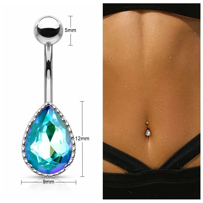 AB Effect Tear Drop Stone Belly Button Navel Ring - Aqua