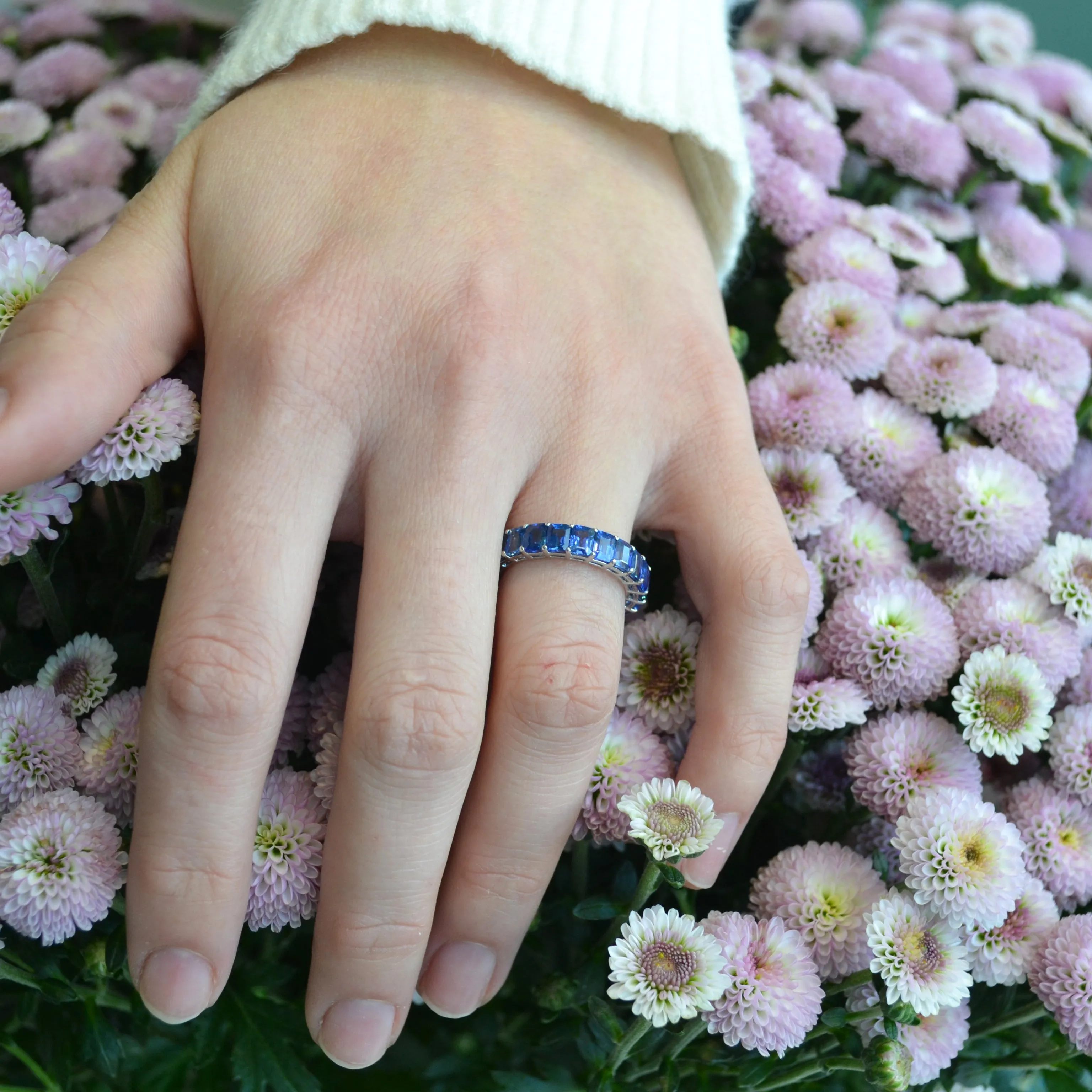 AF Jewelers - Eternity Band Ring with Emerald-cut Blue Sapphires, 18k White Gold