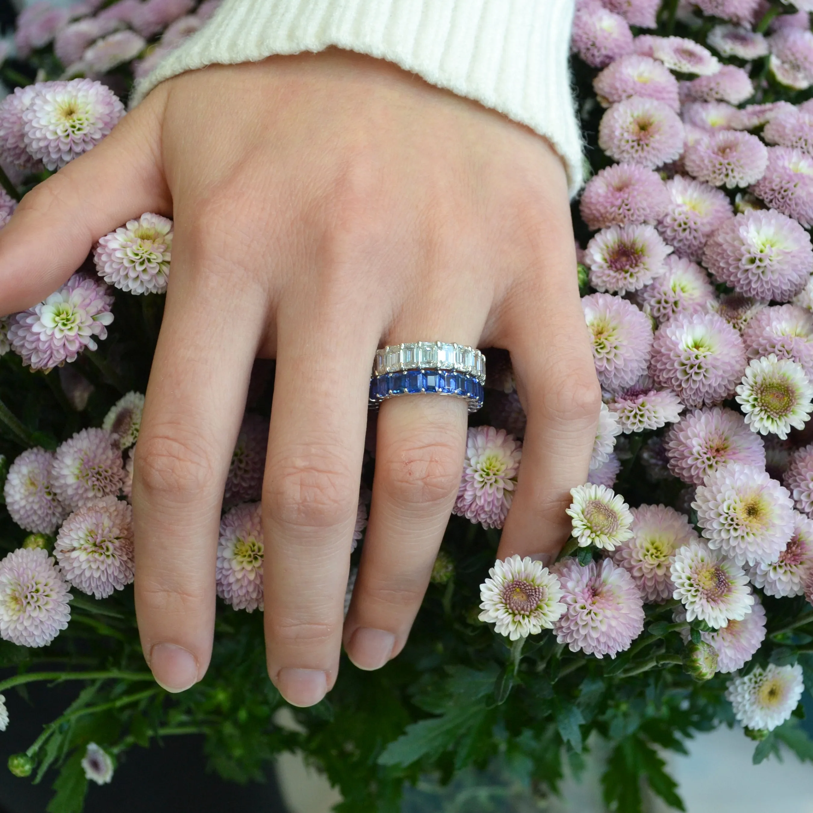 AF Jewelers - Eternity Band Ring with Emerald-cut Blue Sapphires, 18k White Gold