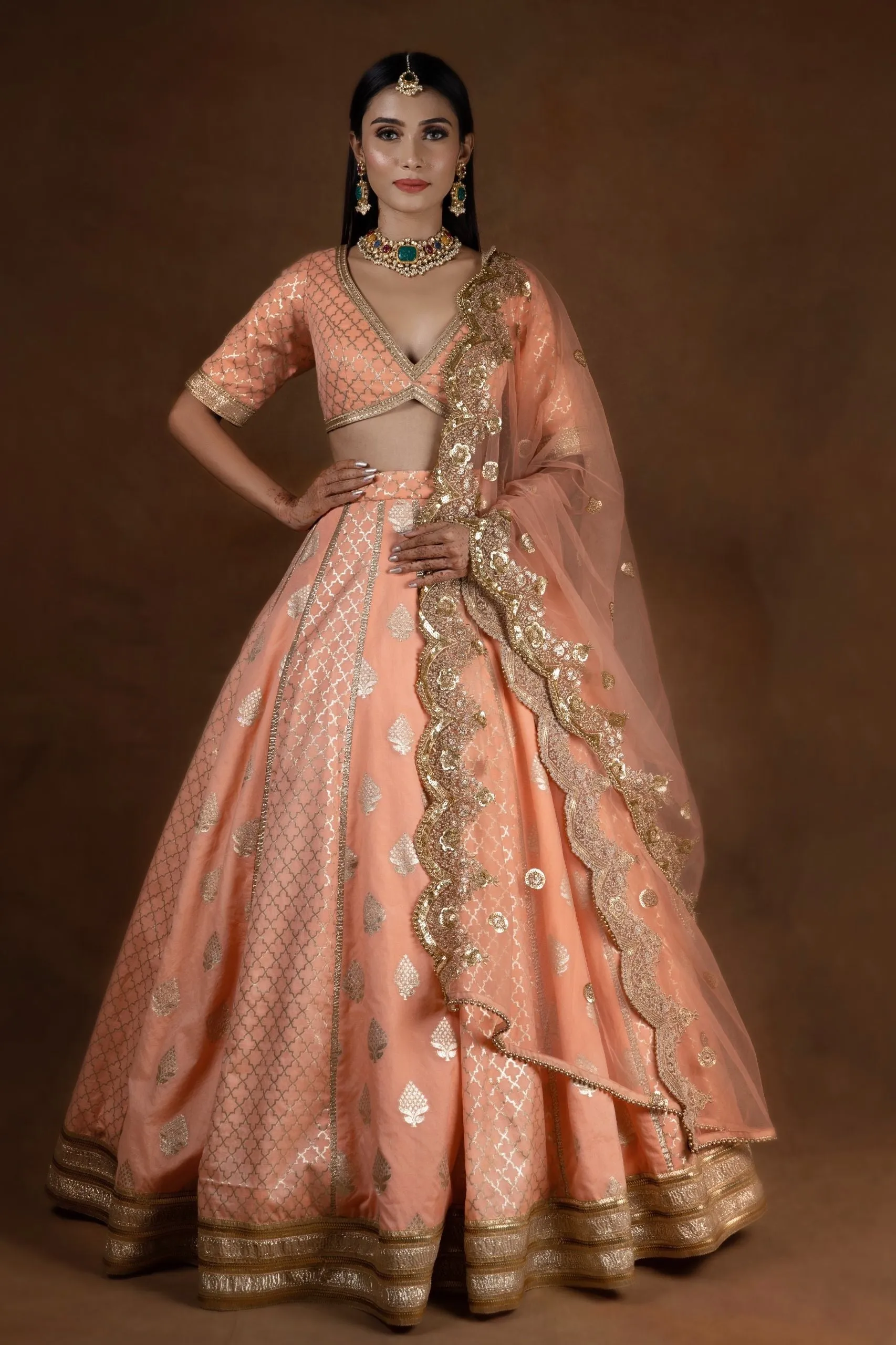 Amaltas Couture's Nayila Chanderi Silk Peach Lehenga - Rent