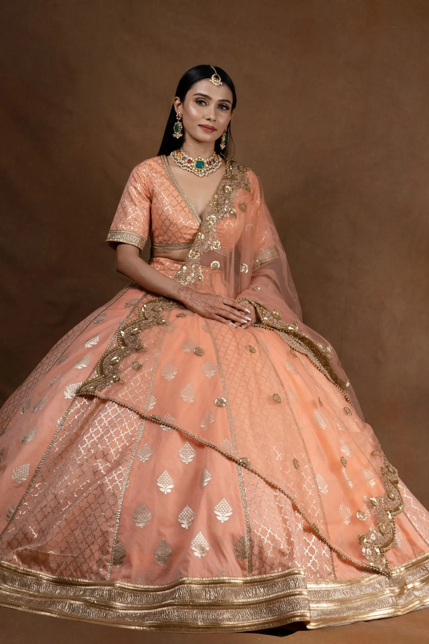 Amaltas Couture's Nayila Chanderi Silk Peach Lehenga - Rent