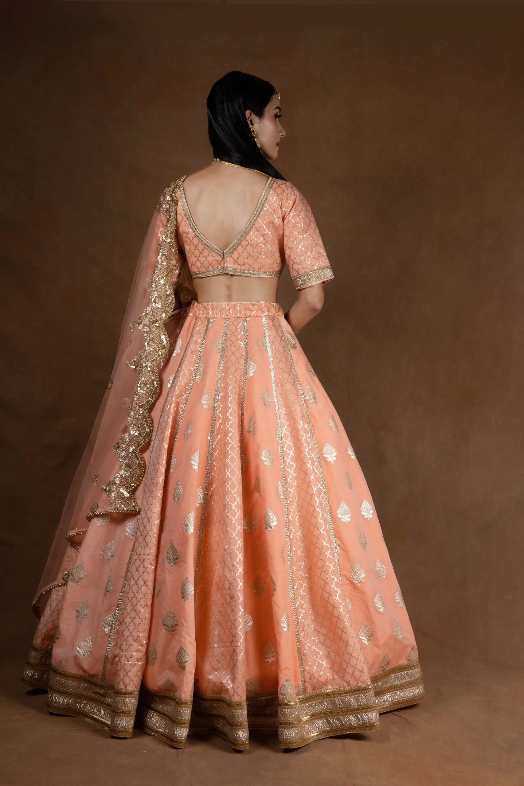 Amaltas Couture's Nayila Chanderi Silk Peach Lehenga - Rent