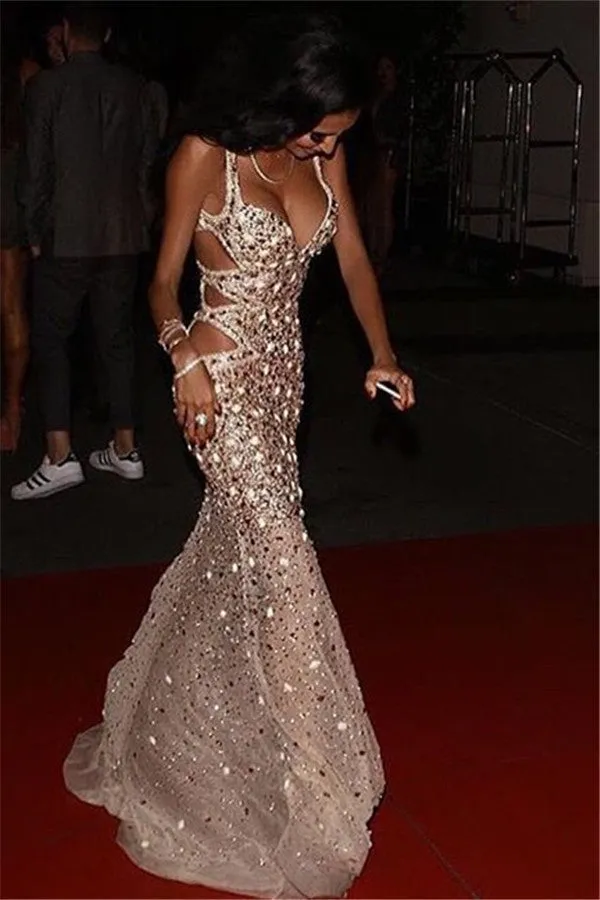 Amazing Long Mermaid Spaghetti Straps Split Front Prom Dress with Slit