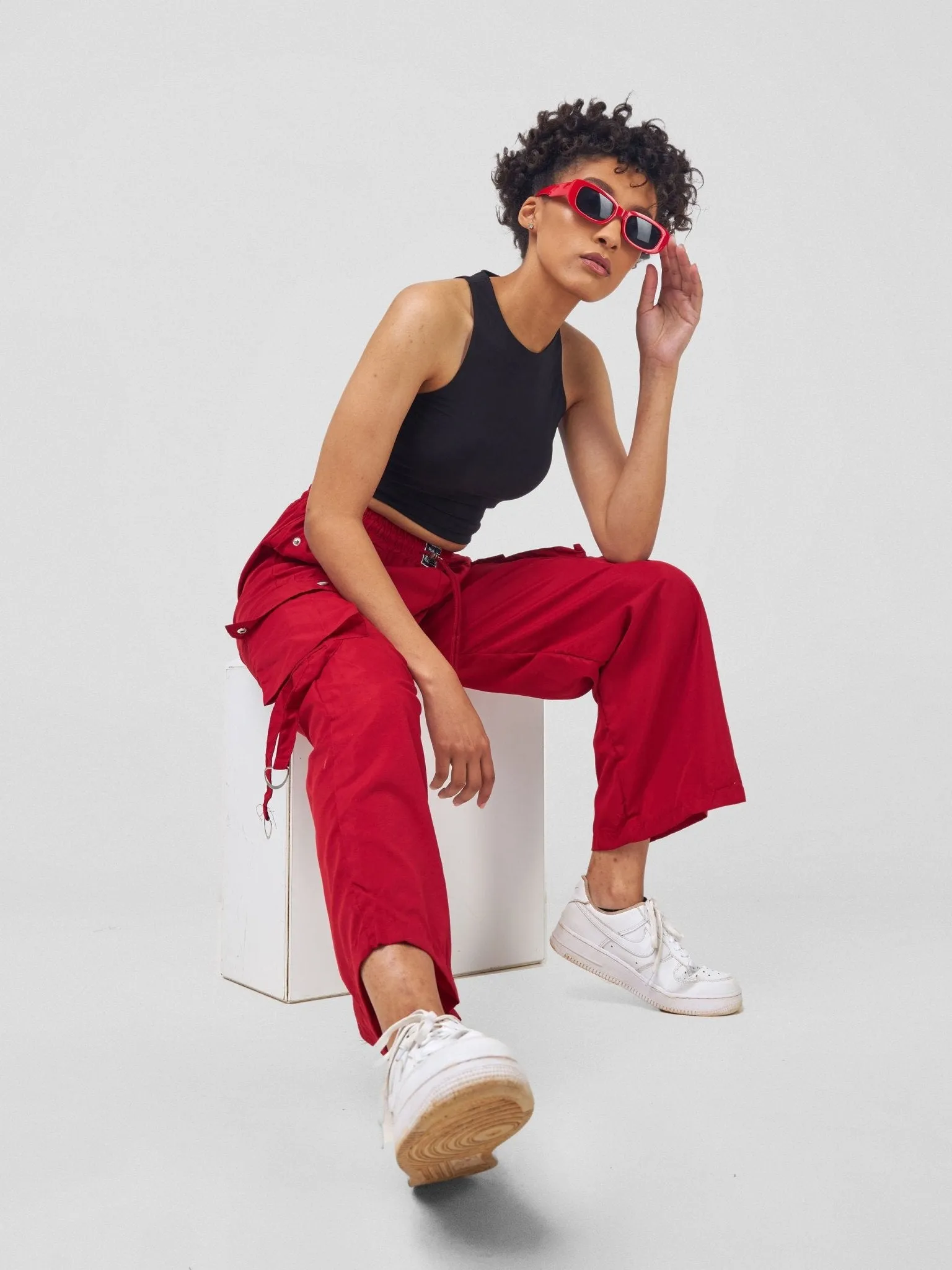 Anika Midi Rise ''Design'' Straight Fit Cargo Trousers - Red