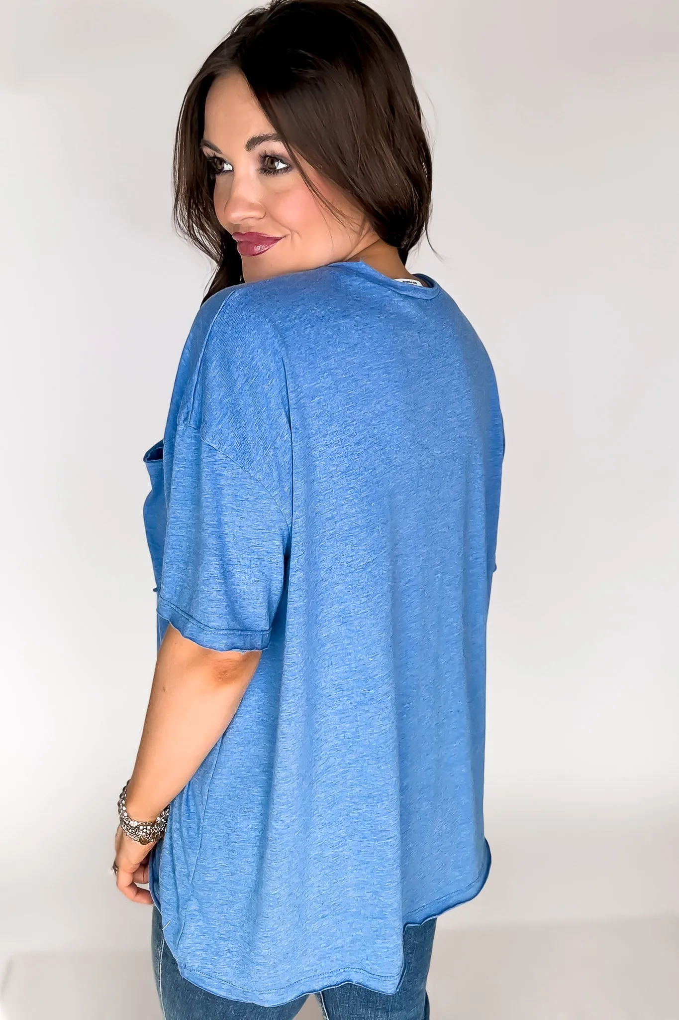 Anyday Anywhere Heathered Ocean Blue Tri Blend Oversized Front Pocket Boyfriend Tee