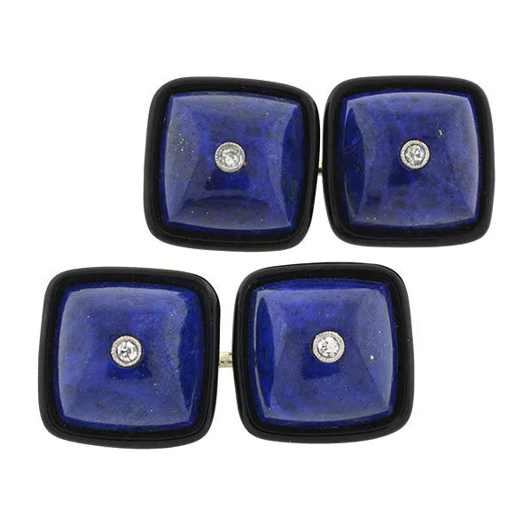 Art Deco 18k Lapis, Onyx, & Diamond Cufflinks