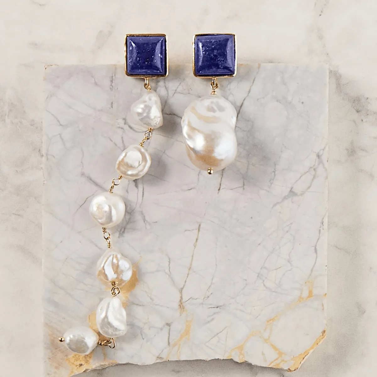 Asymmetrical Lapislazuli and Pearl Earrings