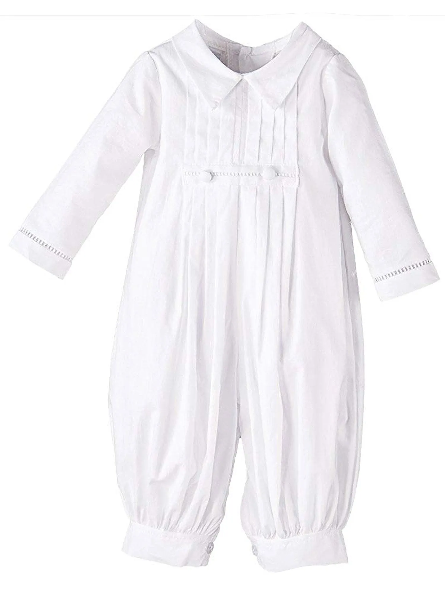 Baby Boys White Pleated Long Sleeve Baptism Romper Hat Set Newborn-24M