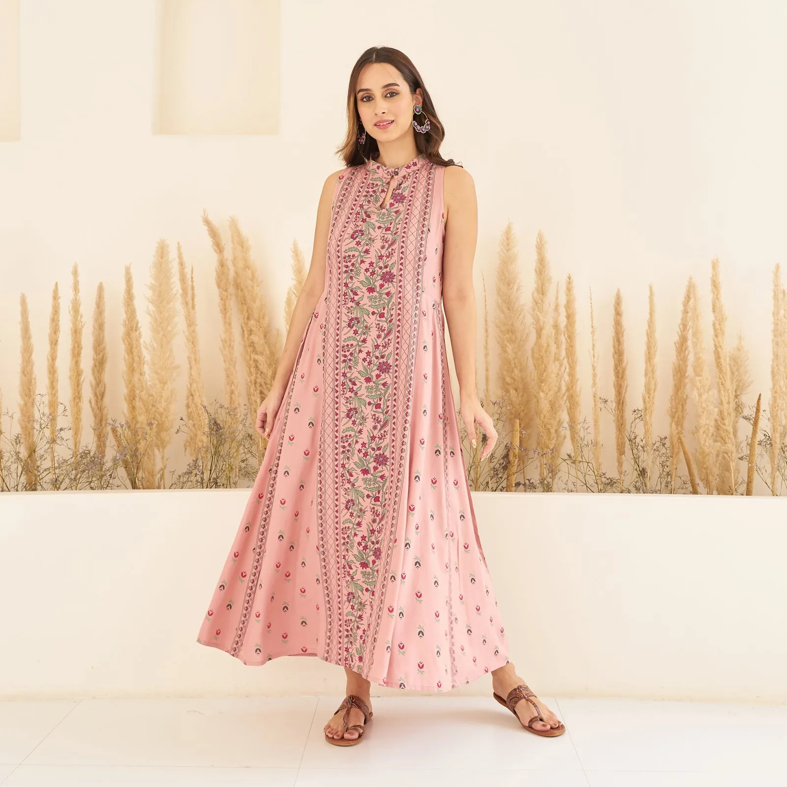 Baby Pink Floral Mandarin Collar Dress