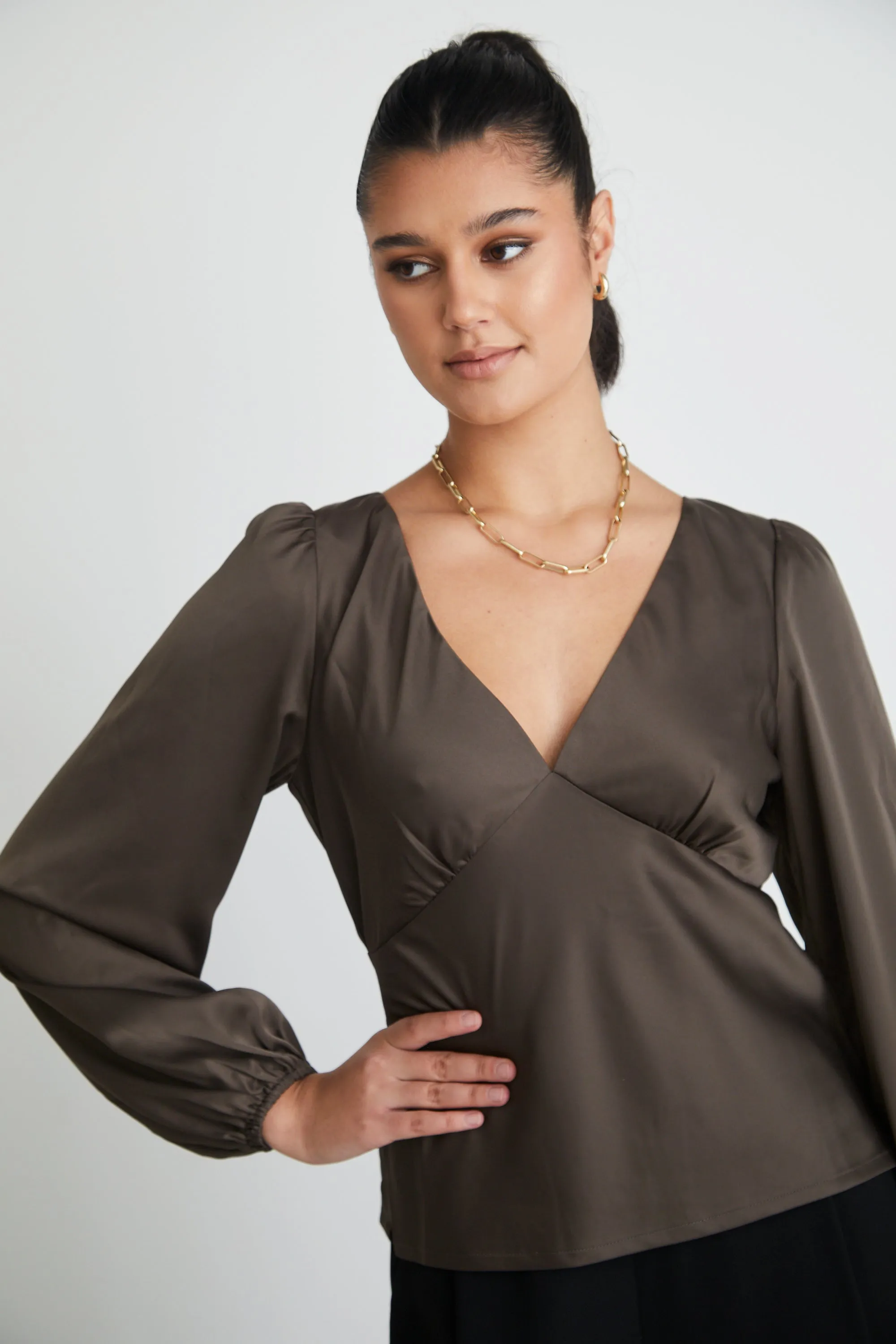 Bailey Olive Satin Bias Balloon Sleeve Top