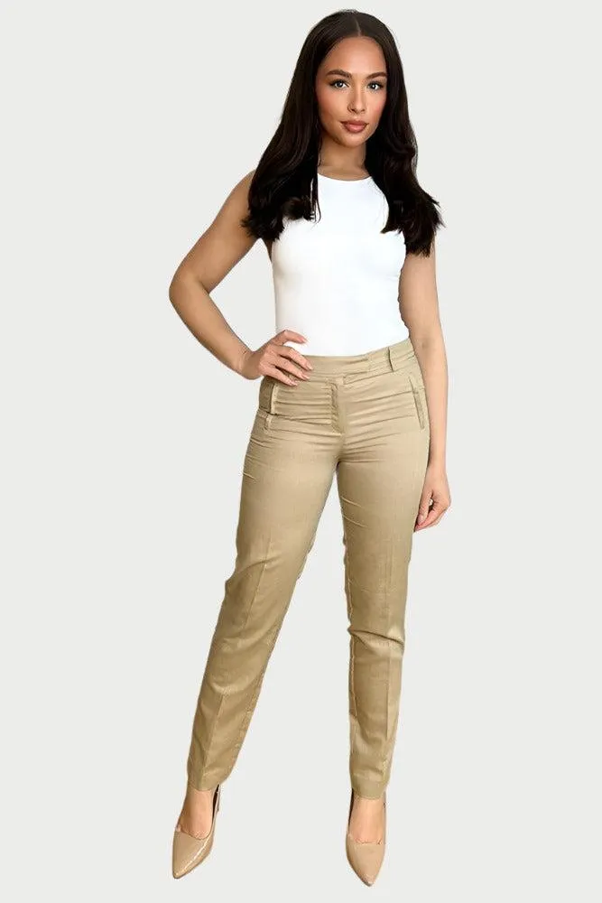 Beige Linen Cotton Blend Smart Trousers