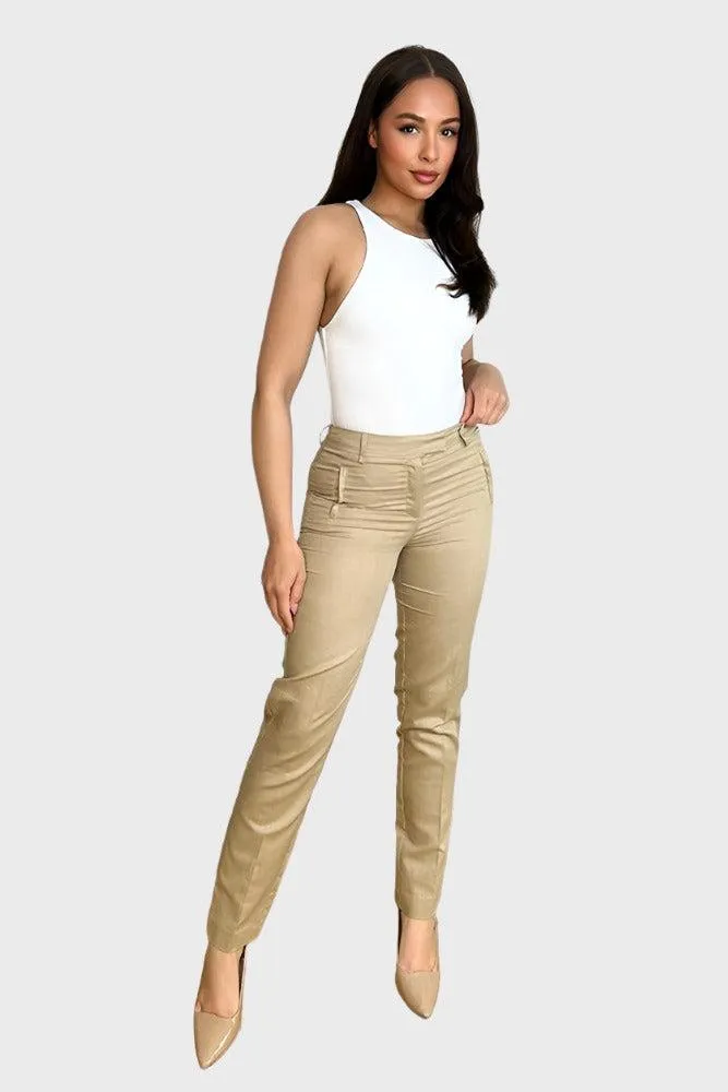 Beige Linen Cotton Blend Smart Trousers