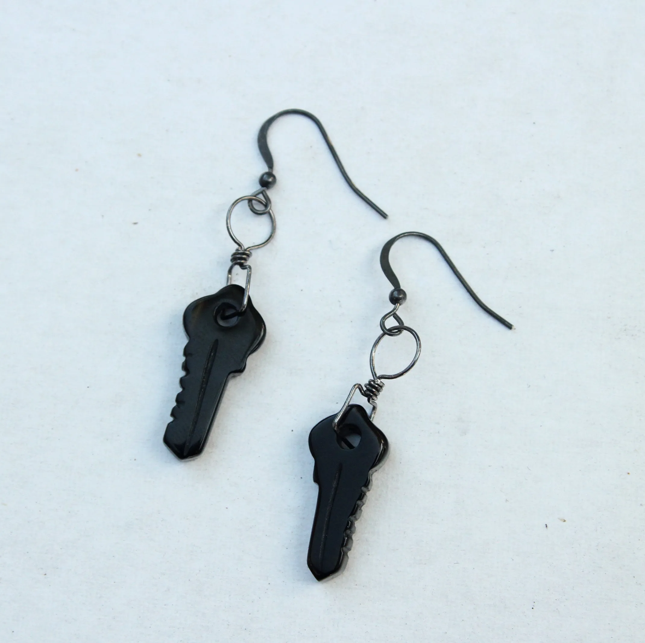 Black Agate gemstone Keys Hand wrapped with Oxidized Sterling Silver Drop earrings