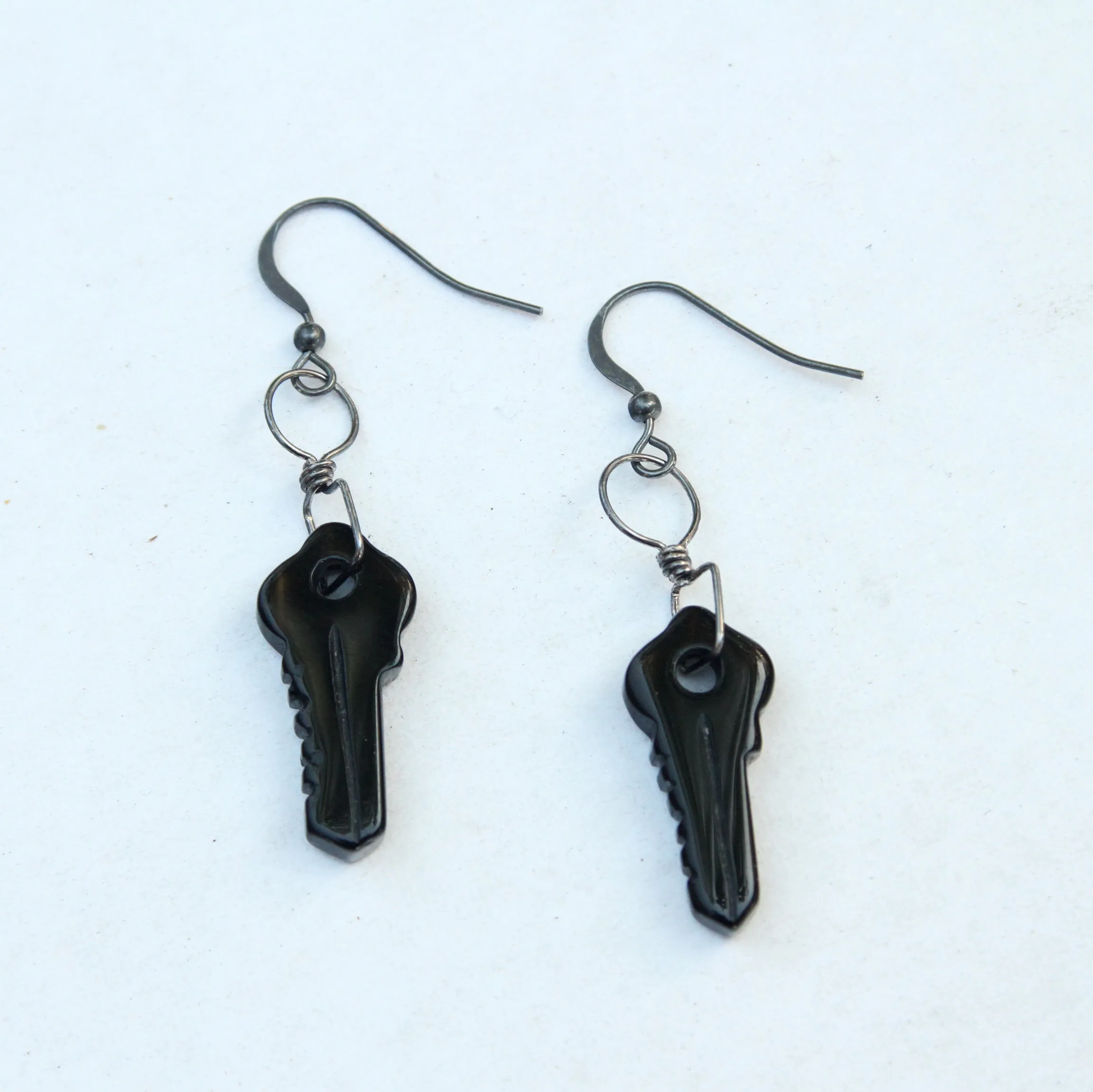 Black Agate gemstone Keys Hand wrapped with Oxidized Sterling Silver Drop earrings