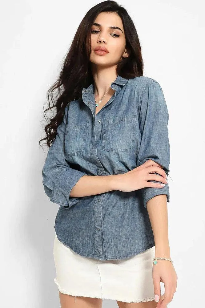 Blue Thin Denim Popper Button Shirt