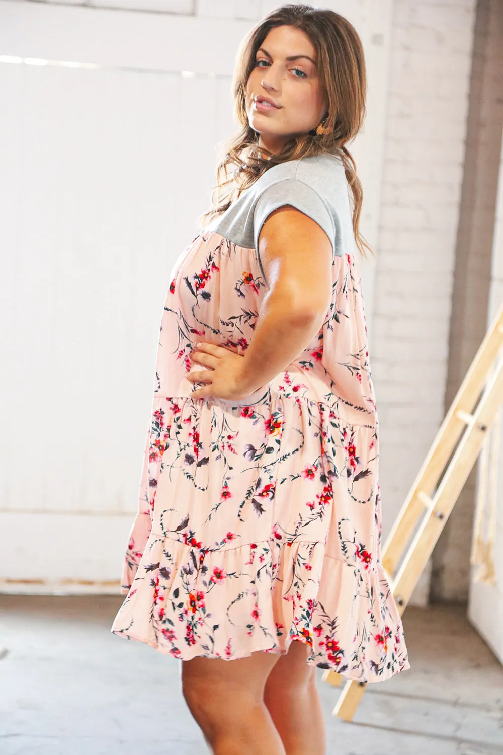 Blush Floral Crinkle Rayon & Terry Babydoll Tiered Dress