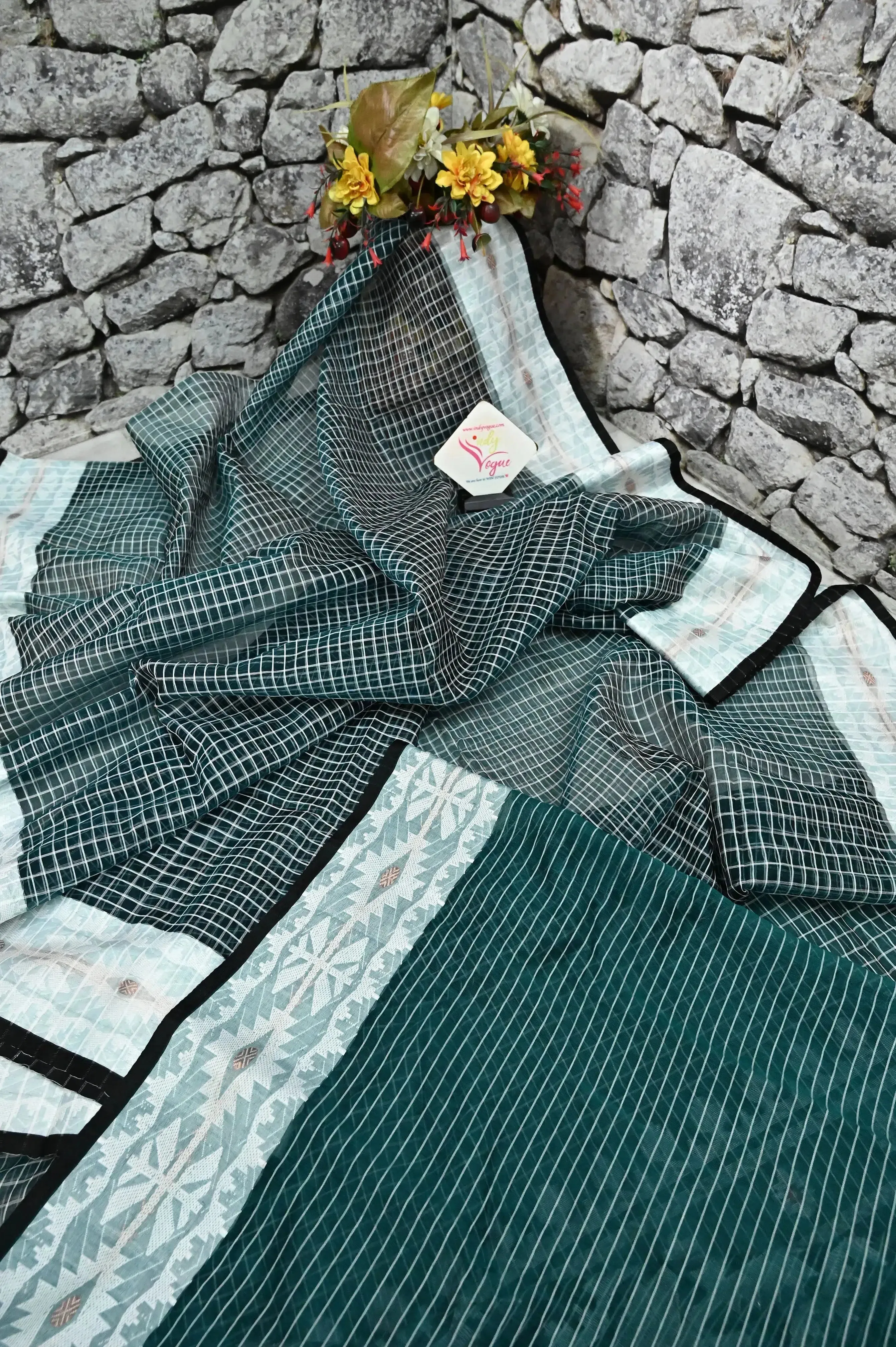 Bottle Green Color Muslin Saree with Allover Checks and Jamdani Border