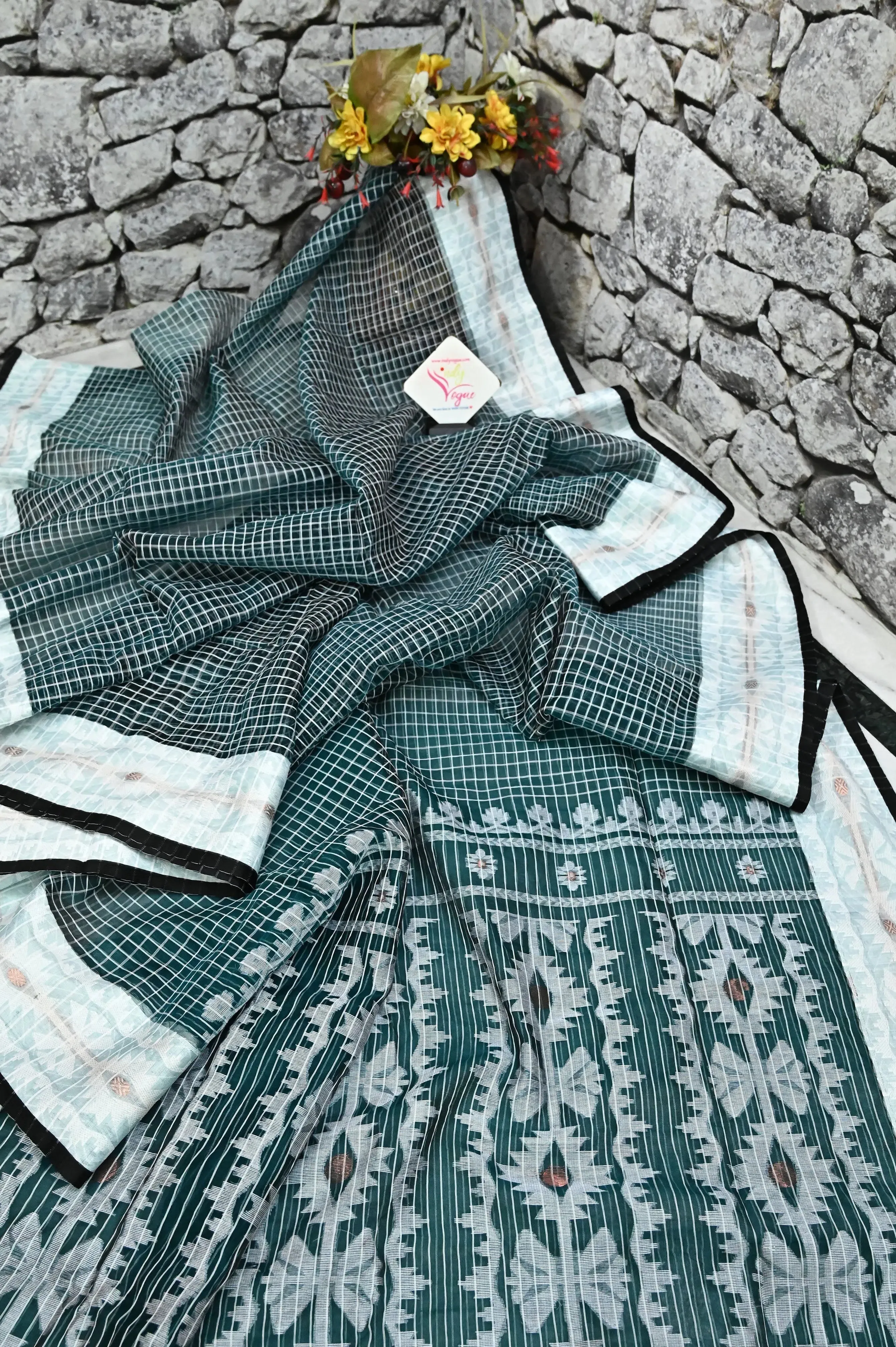 Bottle Green Color Muslin Saree with Allover Checks and Jamdani Border