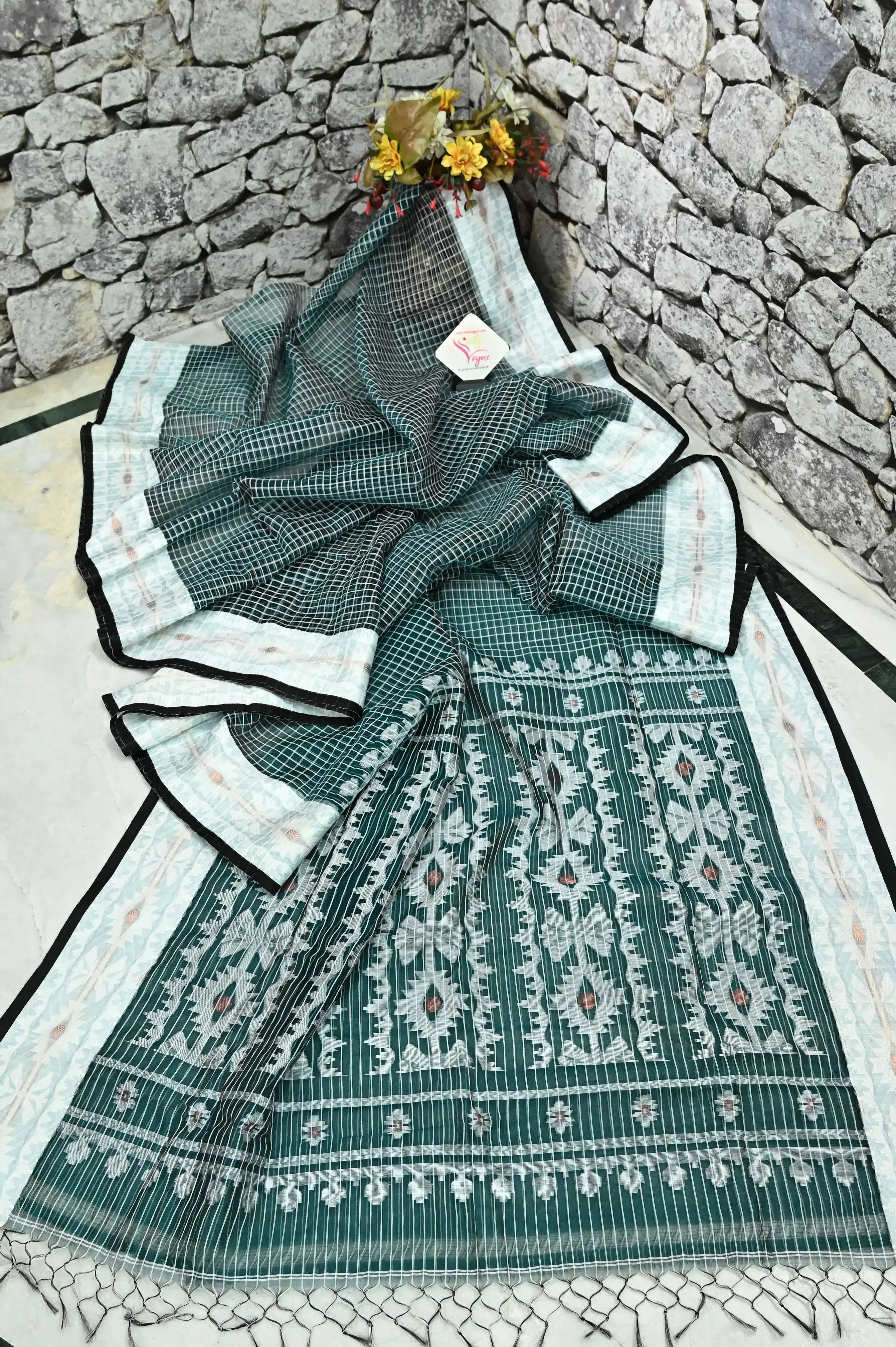 Bottle Green Color Muslin Saree with Allover Checks and Jamdani Border