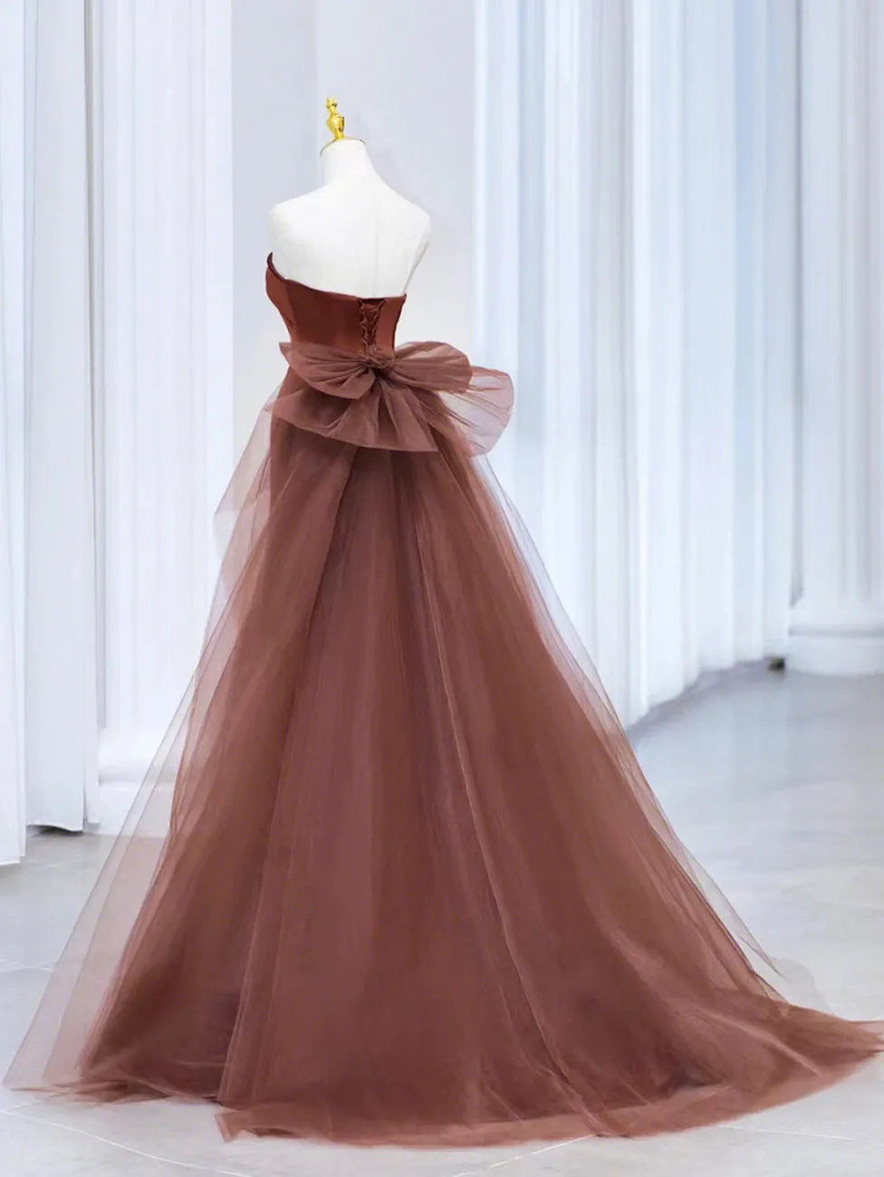 Brown Mermaid Satin Tulle Long Prom Dress, Brown Long Evening Dress