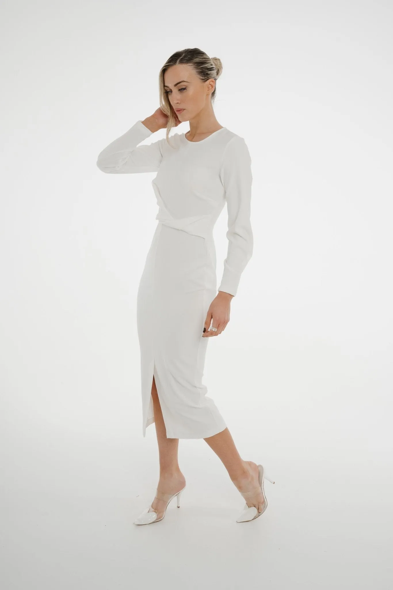 Celine Pencil Drape Midi Dress In Ivory