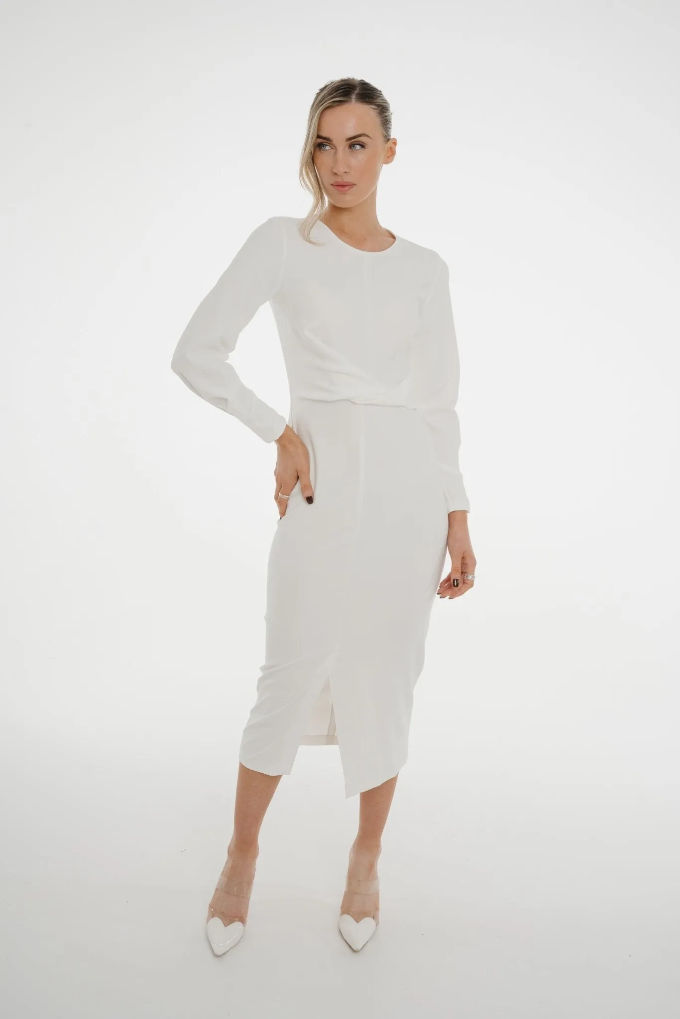 Celine Pencil Drape Midi Dress In Ivory