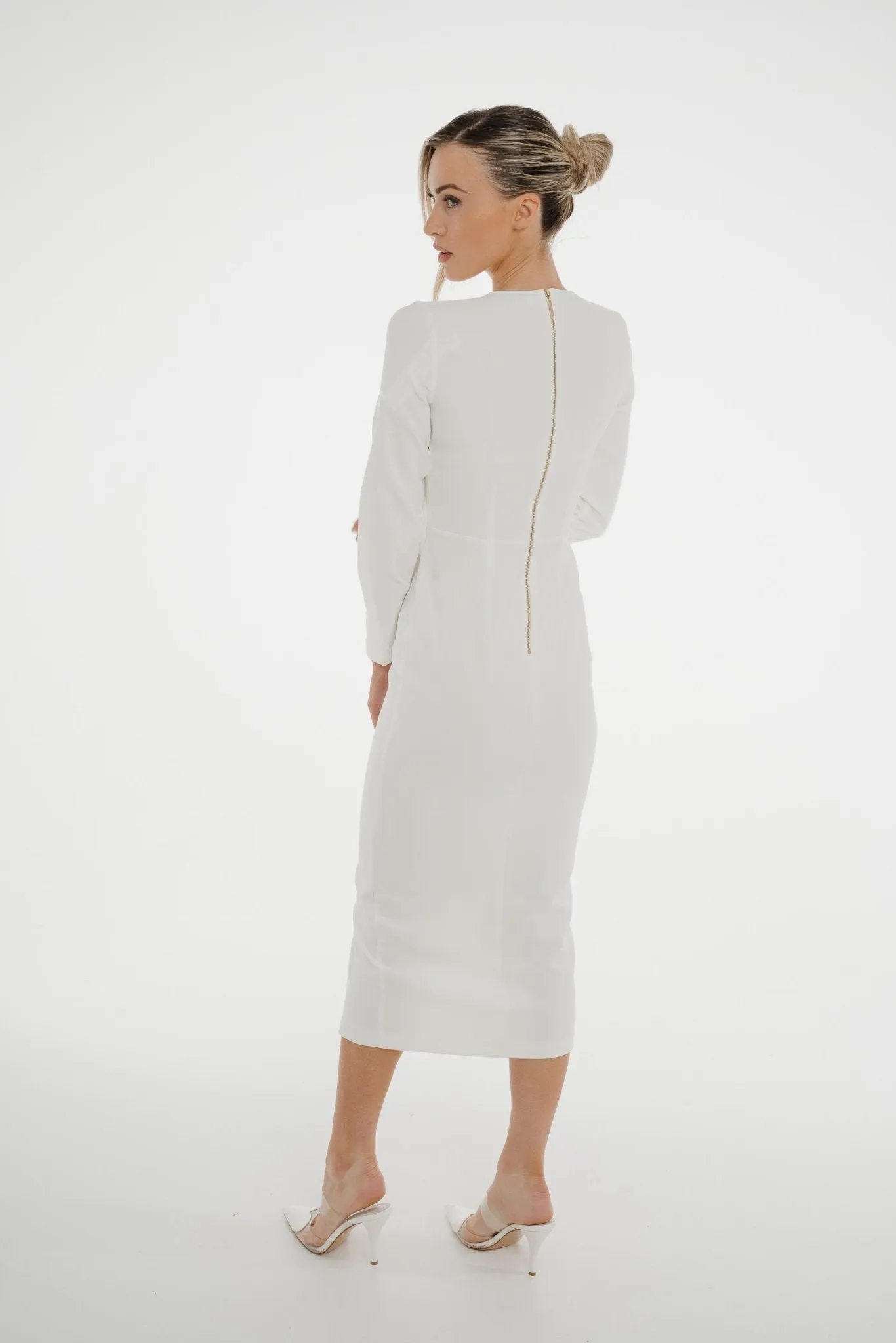 Celine Pencil Drape Midi Dress In Ivory