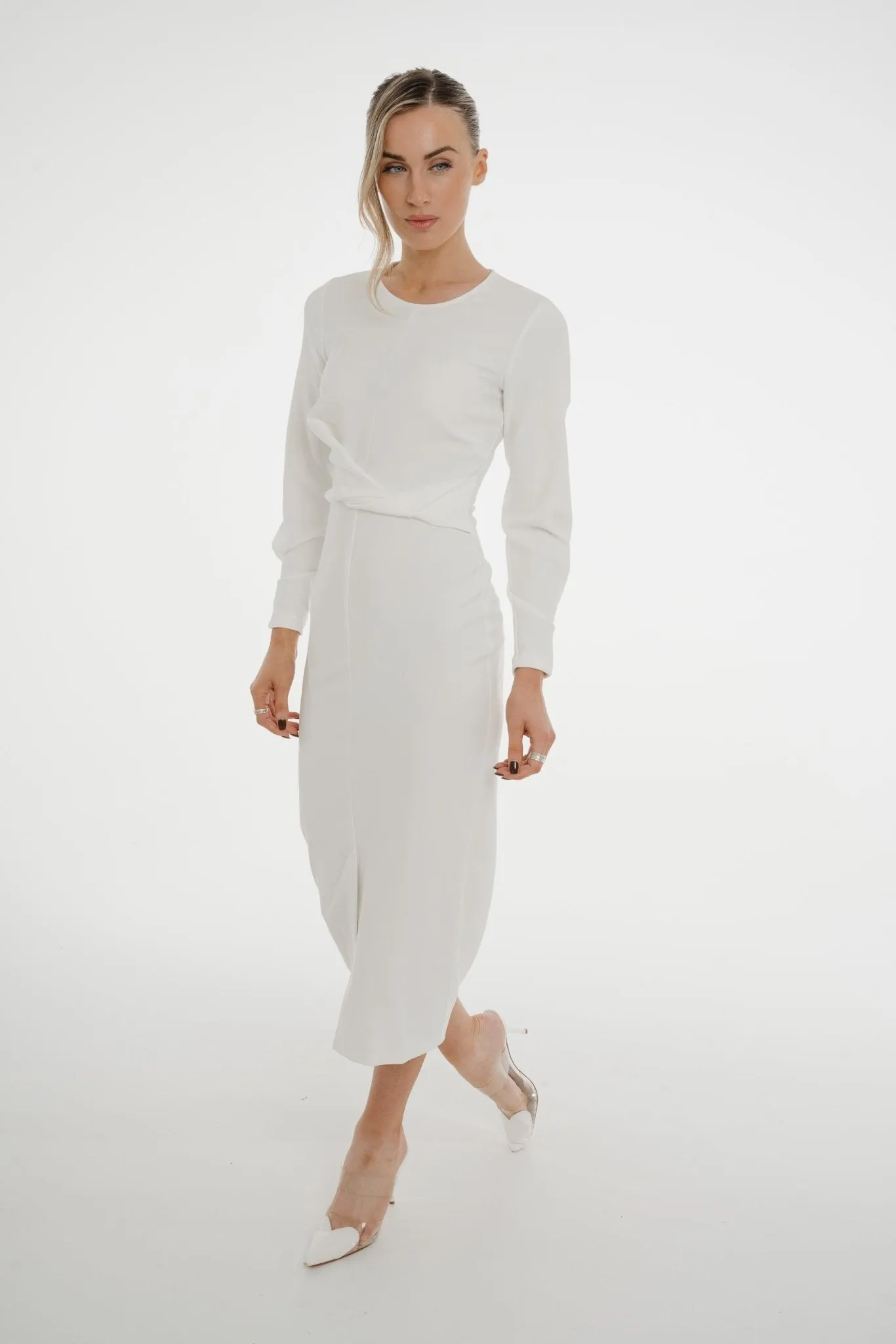 Celine Pencil Drape Midi Dress In Ivory