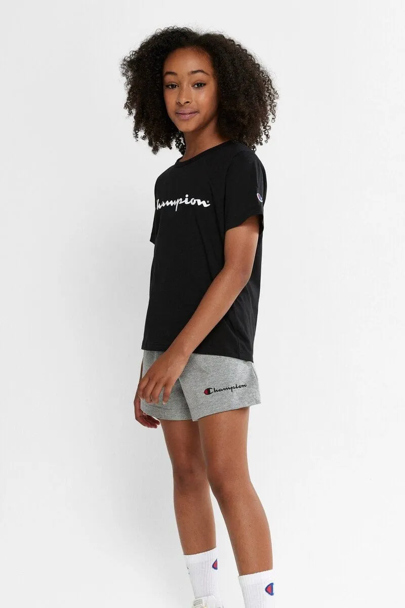 CHAMPION JUNIOR SCRIPT BLACK SHORT SLEEVE TEE