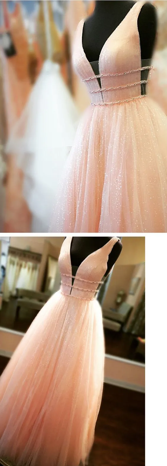 Chiffon Pink Prom Dress Vintage Cheap A Line V Neck Tulle Prom Dress #ER290