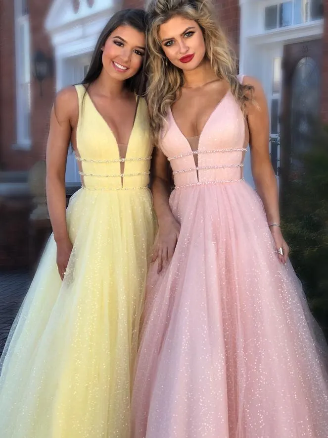 Chiffon Pink Prom Dress Vintage Cheap A Line V Neck Tulle Prom Dress #ER290