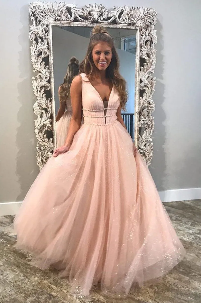 Chiffon Pink Prom Dress Vintage Cheap A Line V Neck Tulle Prom Dress #ER290