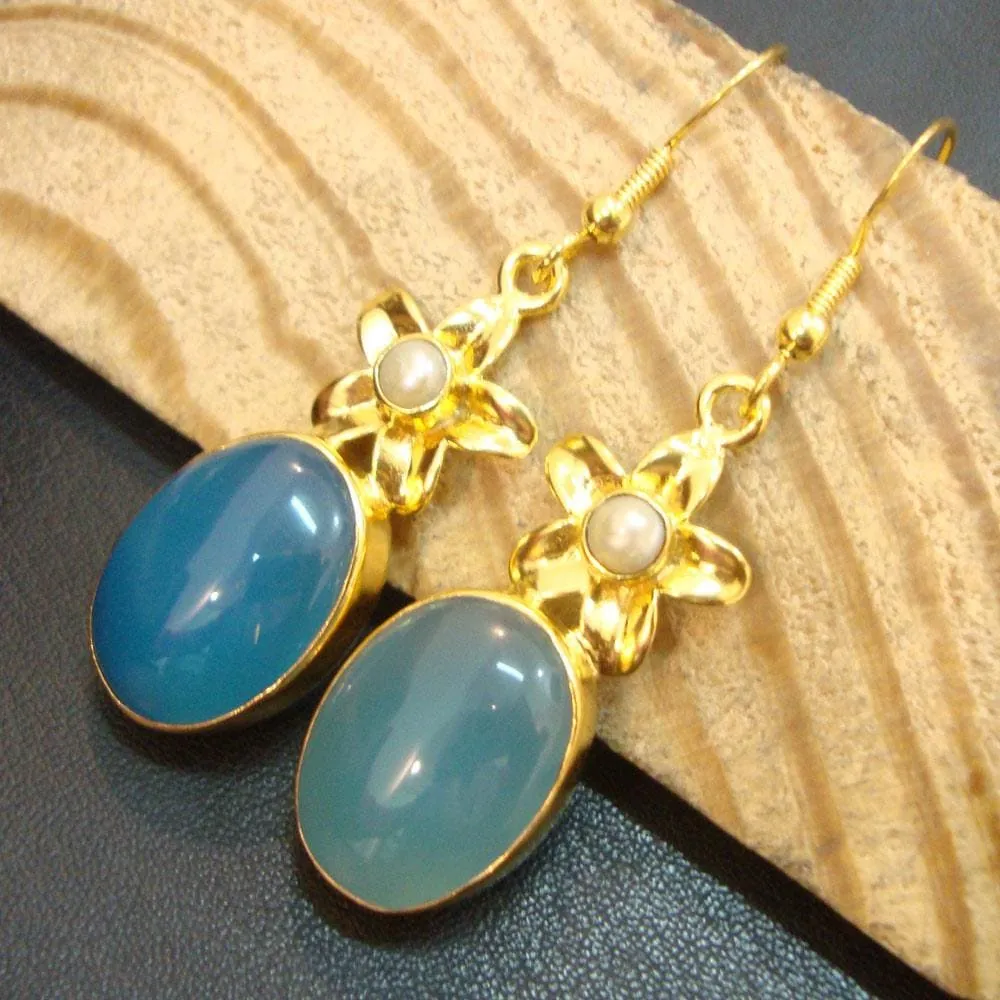 Christmas Gift, 925 Sterling Silver Gold Plated Blue Chalcedony and Pearl New Fashion Dangle Earrings Gift, Indian Stone Jewelry