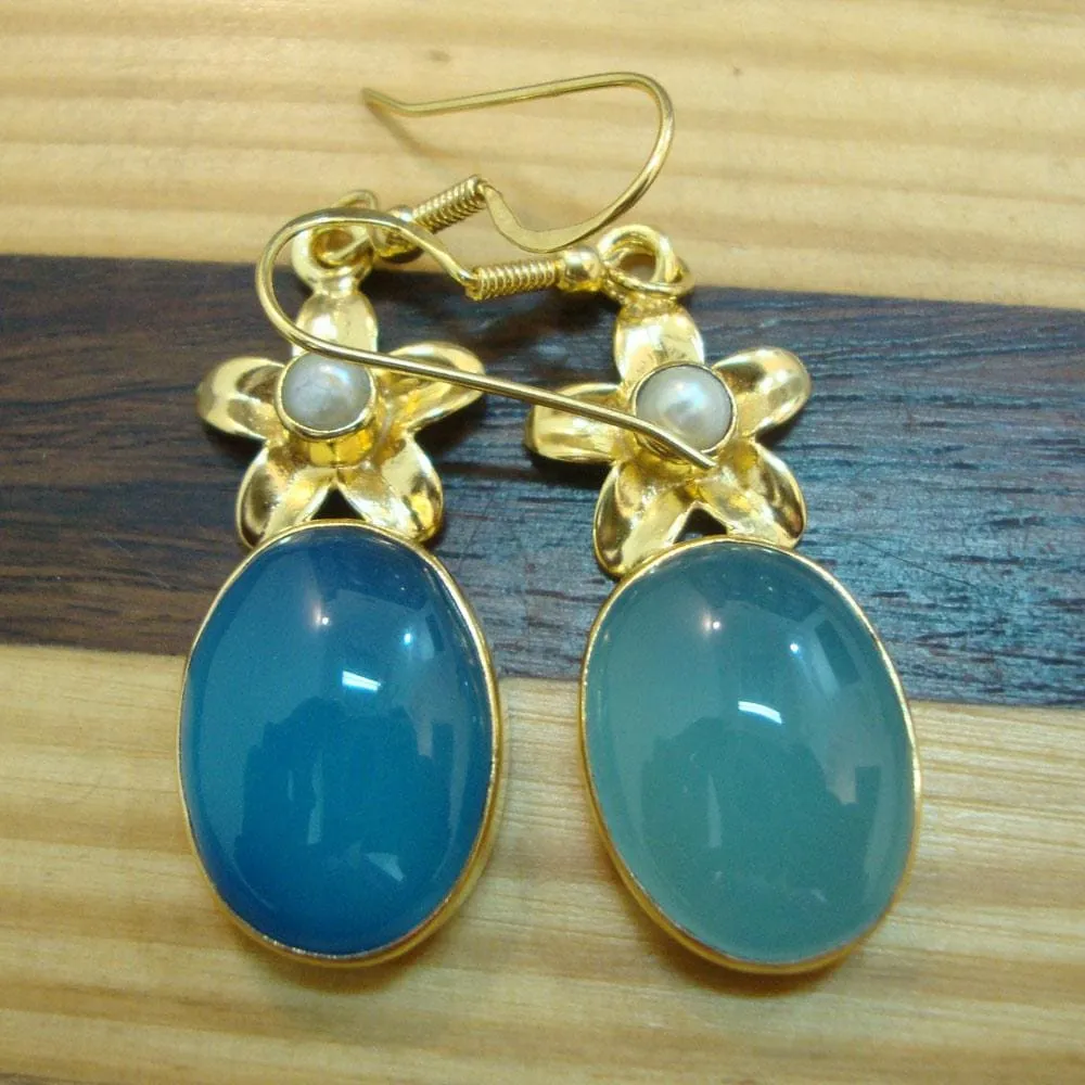 Christmas Gift, 925 Sterling Silver Gold Plated Blue Chalcedony and Pearl New Fashion Dangle Earrings Gift, Indian Stone Jewelry