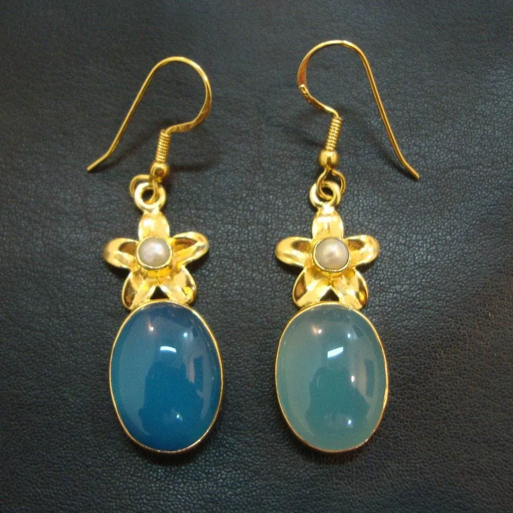 Christmas Gift, 925 Sterling Silver Gold Plated Blue Chalcedony and Pearl New Fashion Dangle Earrings Gift, Indian Stone Jewelry