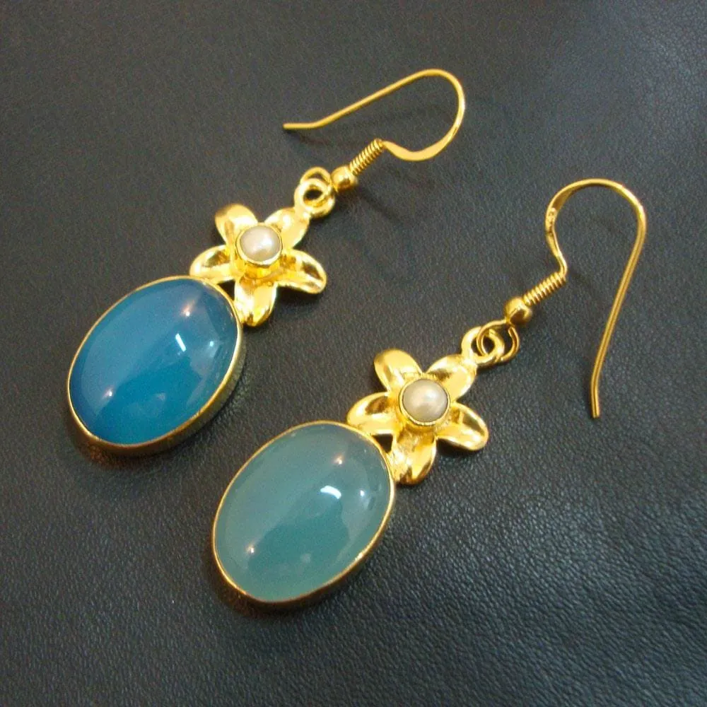 Christmas Gift, 925 Sterling Silver Gold Plated Blue Chalcedony and Pearl New Fashion Dangle Earrings Gift, Indian Stone Jewelry