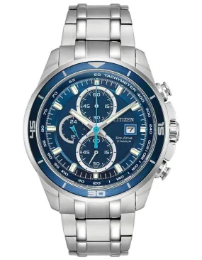 Citizen Eco-Drive Mens Titanium Chronograph - Bracelet - Blue Dial - Date - 100m