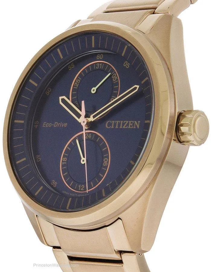 Citizen Eco-Drive Mens Watch - Rose-Gold - Bracelet - Blue Dial - Date - 100m