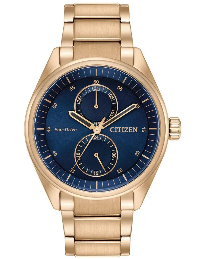 Citizen Eco-Drive Mens Watch - Rose-Gold - Bracelet - Blue Dial - Date - 100m