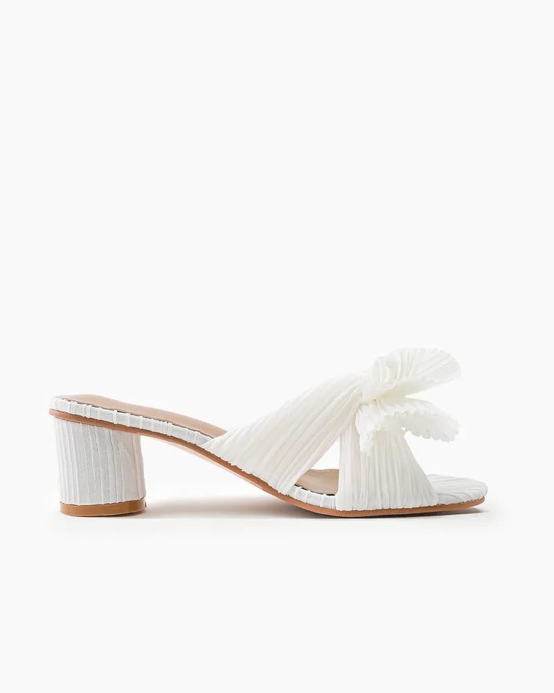 (Clean Up) Pleated Bow Open Toe Chunky Block Heel Sandals