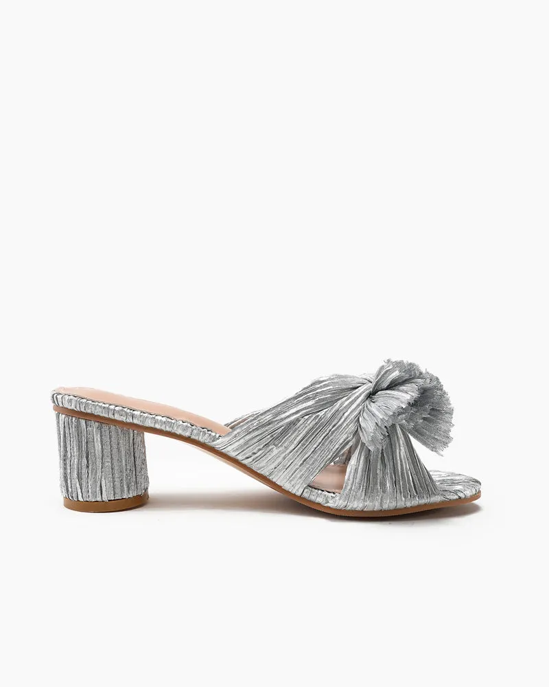 (Clean Up) Pleated Bow Open Toe Chunky Block Heel Sandals