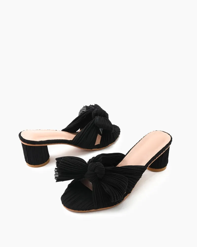 (Clean Up) Pleated Bow Open Toe Chunky Block Heel Sandals