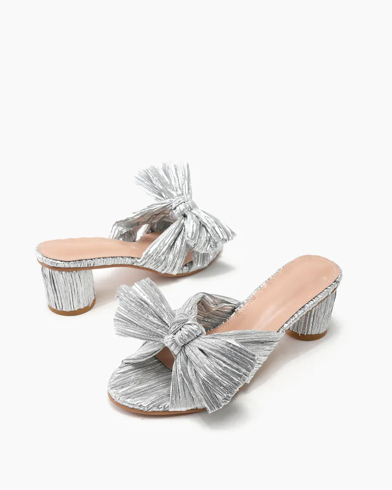 (Clean Up) Pleated Bow Open Toe Chunky Block Heel Sandals